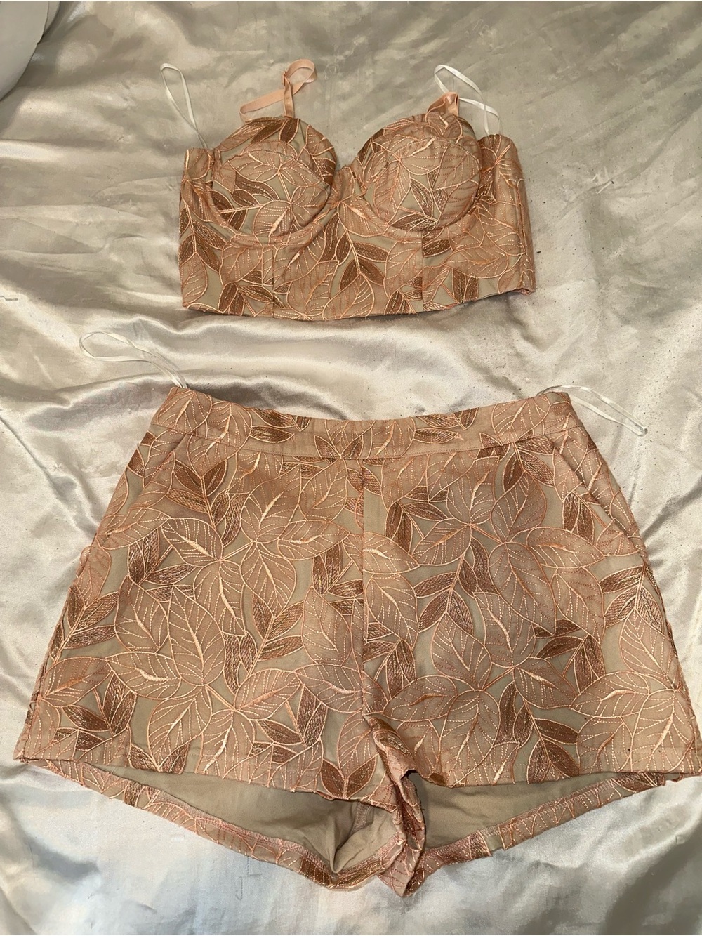 Embroidered Leaf Satin Set (Bralette & Shorts)